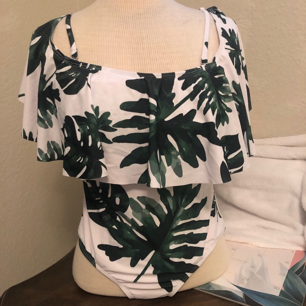 Tropical leaf off shoulder swimsuit
